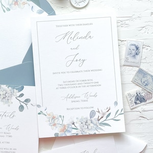 Floral watercolor wedding invitations, Dusty blue wedding invitations, Flowers wedding invitation, Vellum wax seal wedding invitation Invitation suite