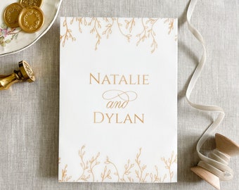 Faux gold custom vellum wrap for invitation, couples names, custom vellum jacket, wedding invitation, vellum jacket 5x7, custom vellum paper