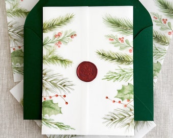 Christmas vellum jacket, 5x7 invitation, wedding invitation, Vellum wrap, holiday vellum, botanical vellum, floral printed vellum