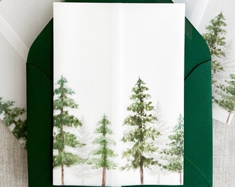 Christmas vellum wrap, vellum jacket for invitation, rustic wedding, winter vellum paper, pine tree print, vellum wrap for 5x7, holiday card