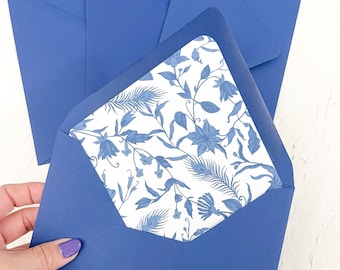 Printable envelope liner for A7 envelope blue floral and feathers, DIY envelope liners, Digital download, Invitation envelope liner