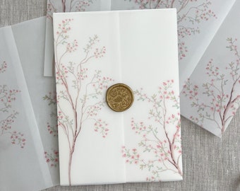 Cherry blossom vellum jacket for invitation, Vellum wrap, Wedding invitation, floral vellum wrap, 5x7 invitation, DIY invitation, botanical