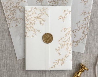 Vellum jacket for wedding invitation, vellum wrap, vellum wedding invitation, floral vellum jacket, vellum overlay, gold vellum paper