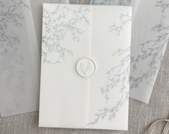 Dusty Blue Botanical Vellum Jacket: 5x7 Wedding Invitation Wrap