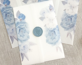Blue floral vellum wraps for invitation, Vellum jacket, Wedding invitation, floral vellum, vellum paper, floral vellum for invitations