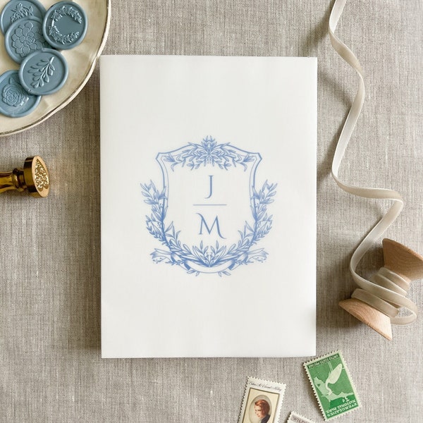 Custom vellum wrap for invitation, crest monogram, wedding invitation, custom crest, wedding monogram, wedding crest, vellum jacket for 5x7