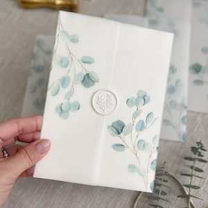 Eucalyptus vellum jacket for invitation, Vellum wrap, Wedding invitation, floral vellum wrap, 5x7 invitation, DIY invitation, botanical wrap