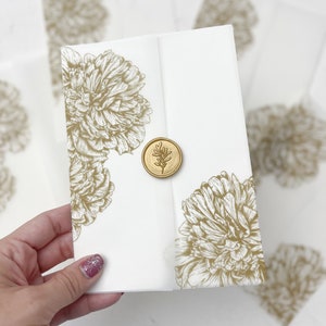 Gold peony vellum wrap for invitations, Vellum invitations, Wedding invitations, Floral vellum wrap, Vellum jacket