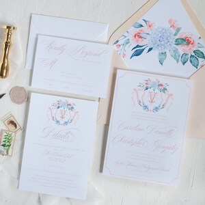 Pink crest invitation, monogram wedding invitation, Watercolor floral crest invitation, Blush wedding invitation, Hydrangea invitation