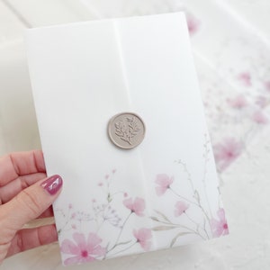 Pink Floral Vellum jacket for invitations, Vellum wrap, Vellum Wedding invitation, floral vellum wrap, 5x7 invitation, DIY invitations