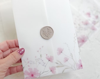 Pink Floral Vellum jacket for invitations, Vellum wrap, Vellum Wedding invitation, floral vellum wrap, 5x7 invitation, DIY invitations