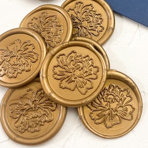 Peony wax seal sticker, gold wax seal, flower wax seal, self adhesive wax seal, Botanical wax seal, DIY invitation, DIY Wax Seal