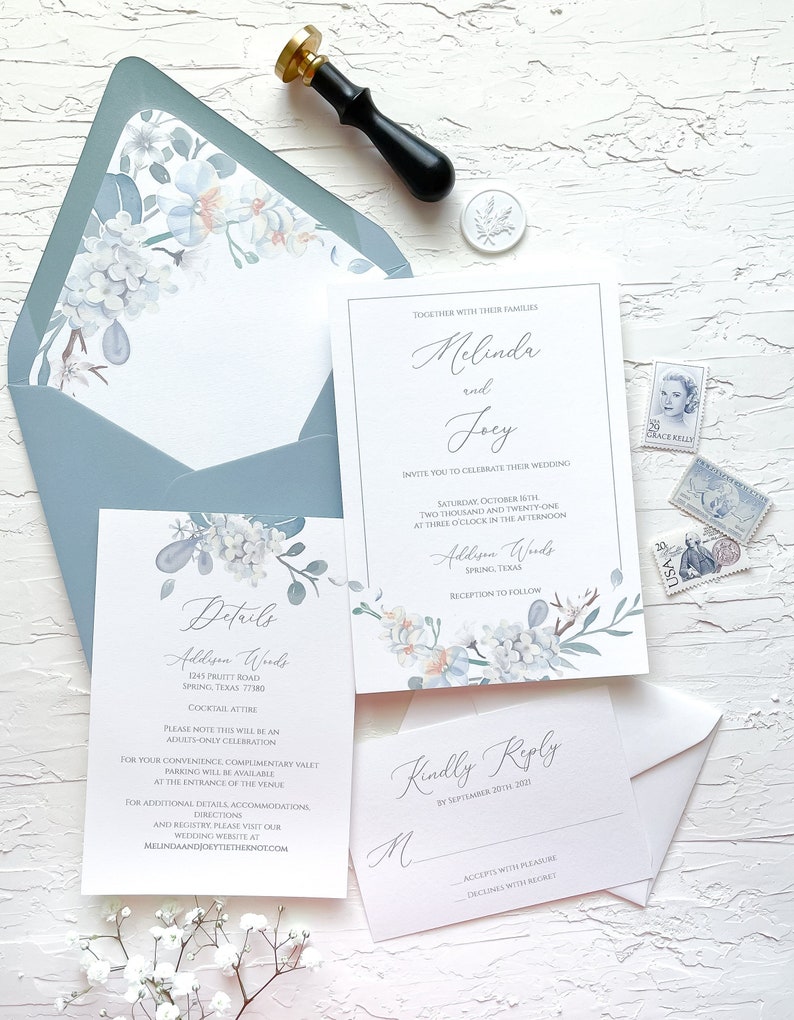 Floral watercolor wedding invitations, Dusty blue wedding invitations, Flowers wedding invitation, Vellum wax seal wedding invitation Invitation suite