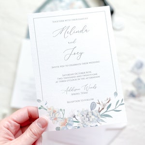 Floral watercolor wedding invitations, Dusty blue wedding invitations, Flowers wedding invitation, Vellum wax seal wedding invitation image 2