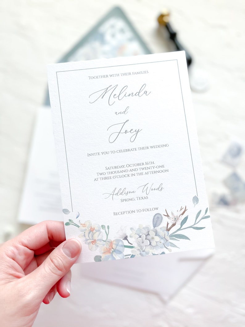 Floral watercolor wedding invitations, Dusty blue wedding invitations, Flowers wedding invitation, Vellum wax seal wedding invitation image 2