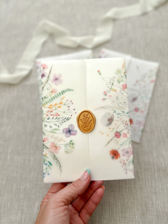 Wildflower vellum jacket for 5x7 invitation, wedding invitation, Vellum wrap, wildflower invitation, floral vellum, floral printed vellum