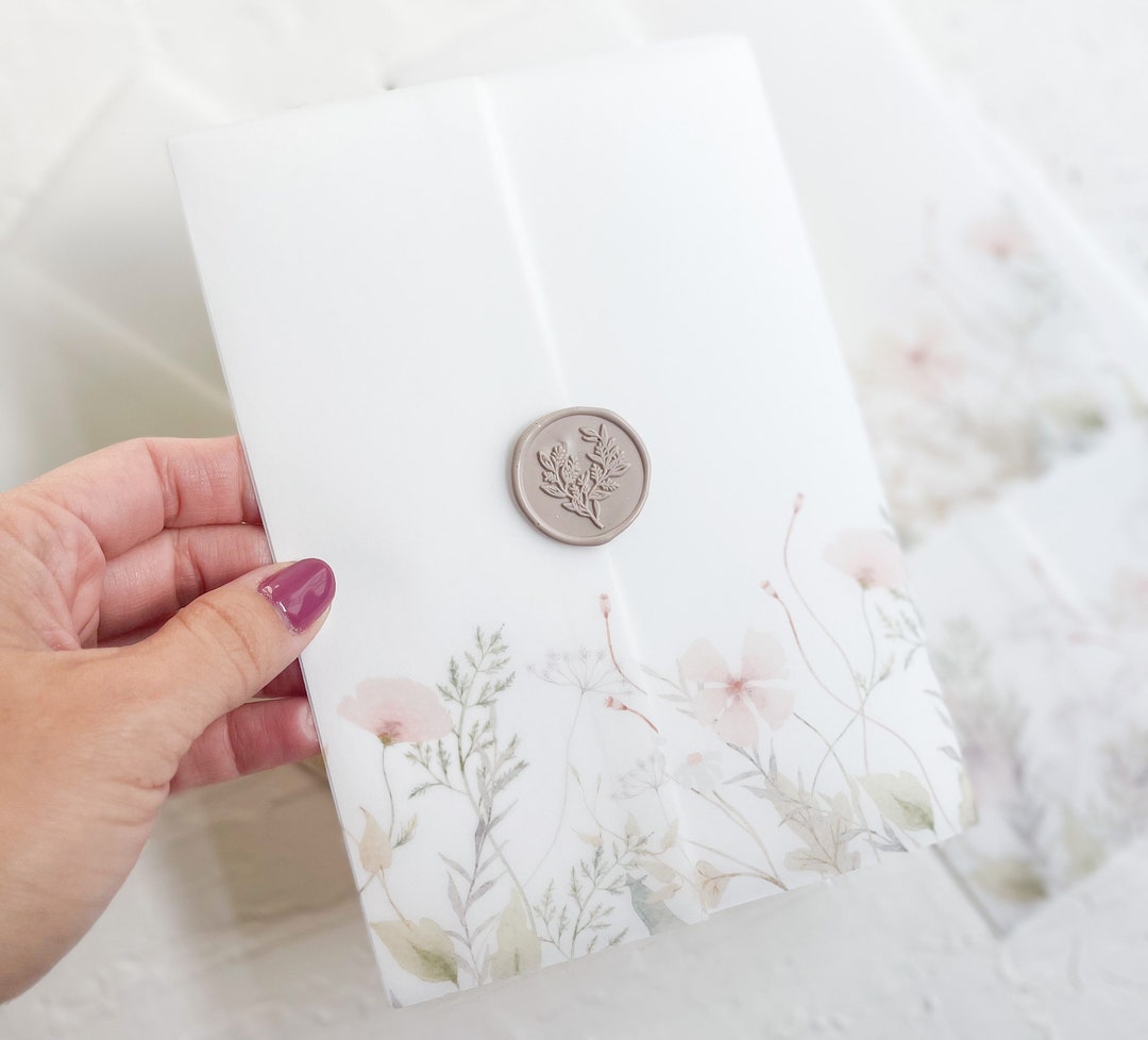 Neutral Floral Vellum Wrap for Invitations, Vellum Jackets, Wedding