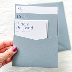 Dusty blue wedding invitation, monogram invitation, sleeve wedding invitation, pocket wedding invitation, modern wedding invitation