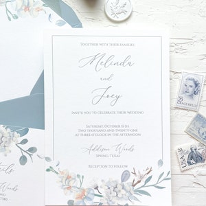 Floral watercolor wedding invitations, Dusty blue wedding invitations, Flowers wedding invitation, Vellum wax seal wedding invitation image 3