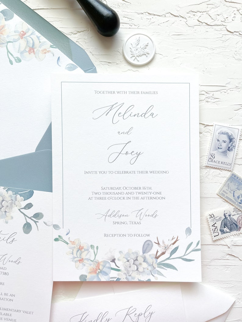 Floral watercolor wedding invitations, Dusty blue wedding invitations, Flowers wedding invitation, Vellum wax seal wedding invitation image 3