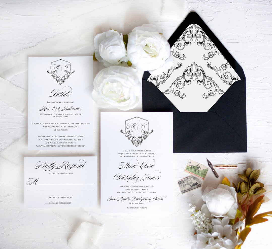 Elegante invitación de boda en blanco y negro, invitación de boda con  monograma, invitación de boda Crest, boda minimalista, boda negra - Etsy  México, image size:1080x989