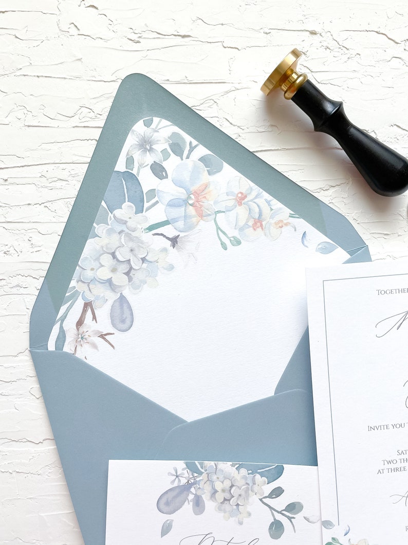 Floral watercolor wedding invitations, Dusty blue wedding invitations, Flowers wedding invitation, Vellum wax seal wedding invitation image 5