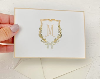 Initial crest folded card, thank you card for baby shower, Initial thank you card, monogram card, neutrals greeting card, monogram card
