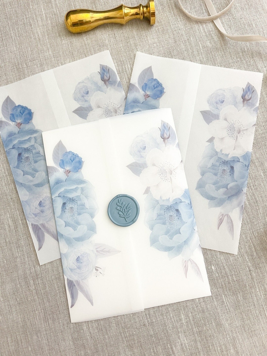 Blue Floral Vellum Wraps for Invitation, Vellum Jacket, Wedding