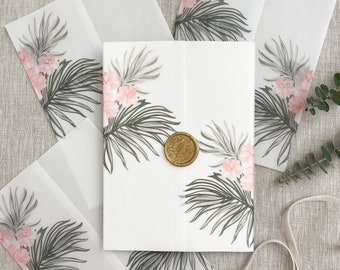 Tropical leaf jacket for invitation, Vellum wrap, Wedding invitation, hibiscus invitation, tropical vellum wrap, 5x7 DIY invitation