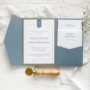 Dusty blue and gold pocket wedding invitation, Dusty blue wedding invitation, Pocket wedding invitation, Modern wedding invitation