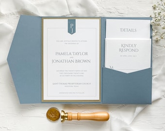 May include: A blue and gold wedding invitation with the names Pamela Taylor and Jonathan Brown. The invitation is for a wedding ceremony on Saturday, May 29, 2021, at 6:30 PM at Saint Thomas Presbyterian Church in Houston, Texas. The invitation includes a RSVP request by April 20, 2021.