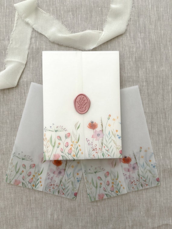 Floral Vellum Jacket 5x7, Wildflower Vellum Wrap, Wildflower Vellum Wedding  Invitation Jacket, Printed Vellum 5x7 Sheets, Clear Vellum Paper 