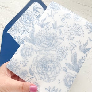 Puede incluir: Un sobre con estampado floral azul sobre fondo blanco. El sobre est&aacute; doblado por la mitad y se sostiene en una mano.