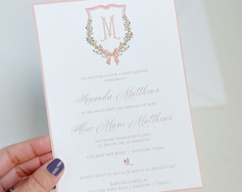 Pink crest baby shower invitation, pink baby shower invitation, watercolor crest, baby monogram, Monogram baby shower invitation, baby girl