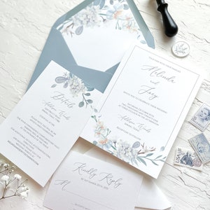 Floral watercolor wedding invitations, Dusty blue wedding invitations, Flowers wedding invitation, Vellum wax seal wedding invitation image 6