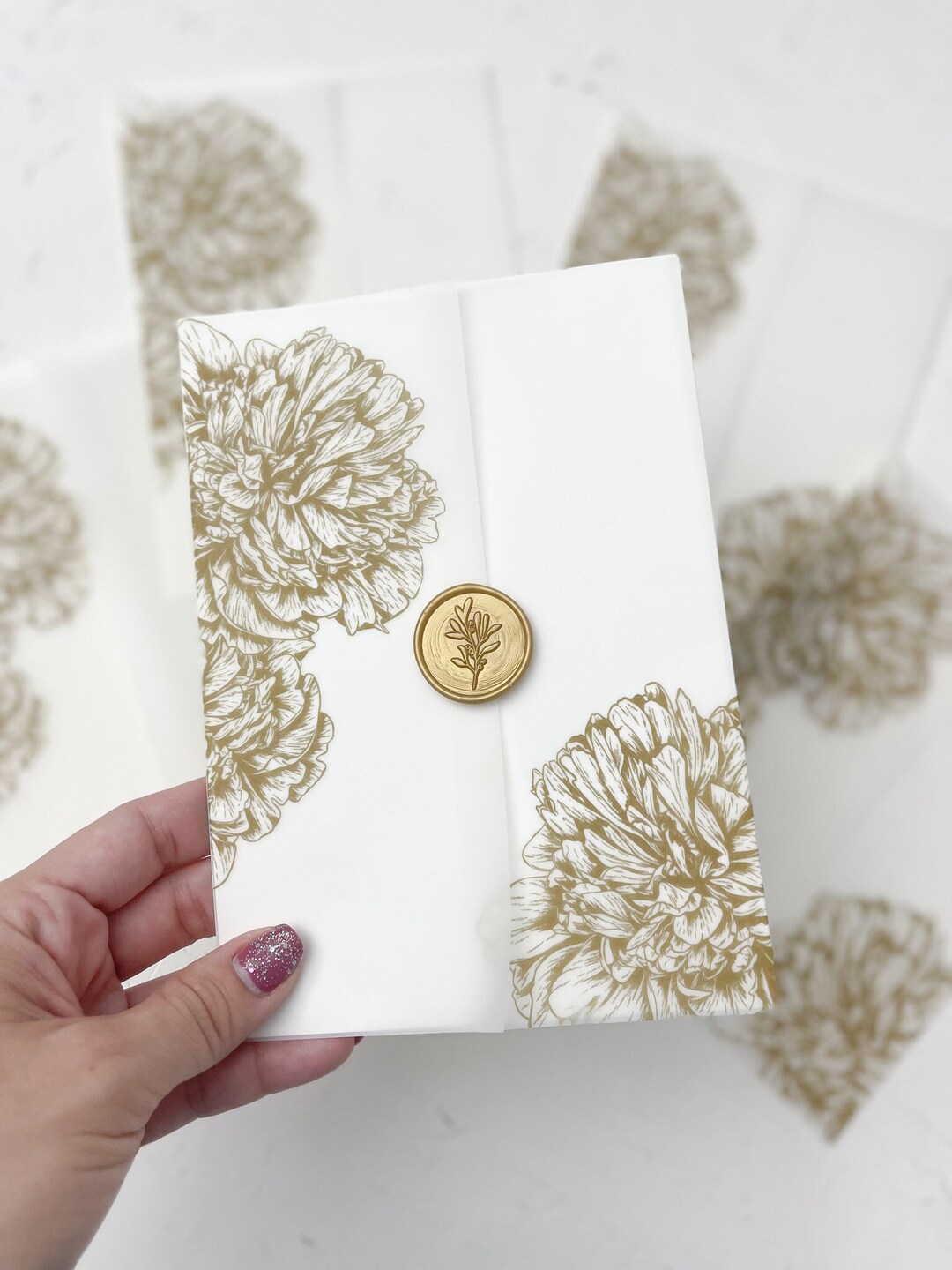 Gold Peony Vellum Wrap for Invitations, Vellum Invitations, Wedding