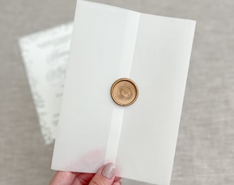Vellum wrap and wax seal, clear vellum wrap, wrap for invitations, vellum jacket for wedding invitations, wax seal stickers, DIY Invitations