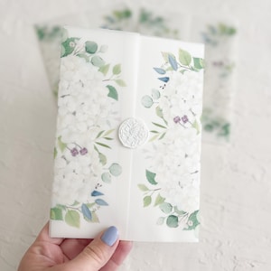 Hydrangea vellum wrap, vellum jacket for invitations, Wedding invitations, vellum paper, white hydrangea, 5x7 invitation, DIY Invitations