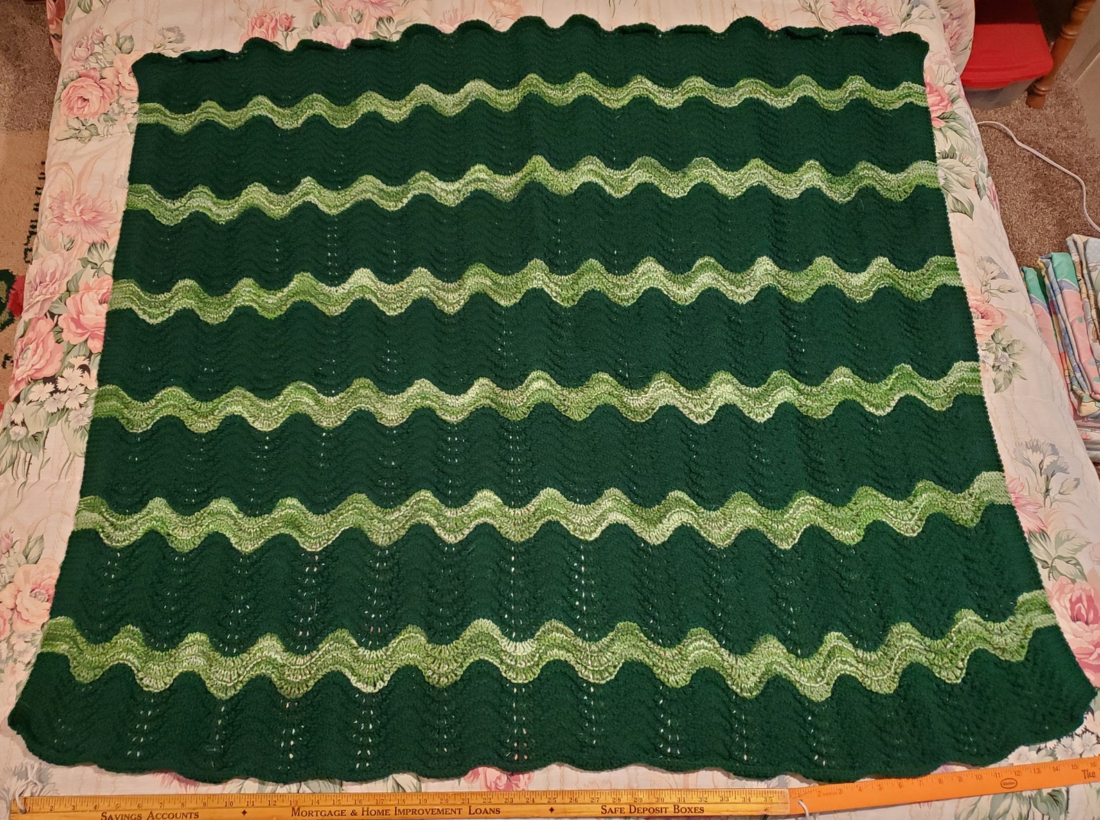 Hand Knit Afghan Blanket Throw Fan & Feather Pattern 50 Inches Long X