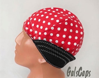 Red Polka Dot Print Bikers Caps Welding Cap Hat Cotton Weld Cap Made in USA Ready to Ship