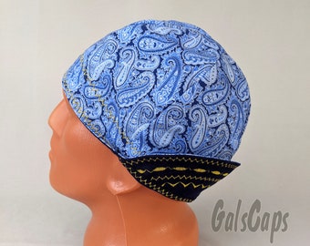 Blue Paisley/Solid Dark Blue Welders Hats, Bikers Caps, Welding Cap Hat, Cotton.