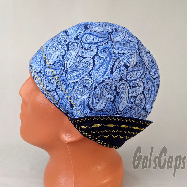 Blue Paisley/Solid Dark Blue Welders Hats, Bikers Caps, Welding Cap Hat, Cotton.