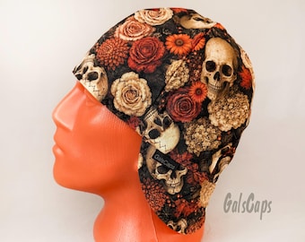 Skulls and Orange Flowers/Black Print Bikers Caps Welding Cap Hat Cotton Weld Cap Made in USA Ready to Ship