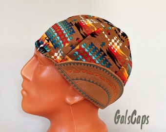 Native Aztec/Tan Welders Hats Bikers Caps Welding Cap Hat Cotton Weld Cap Made in USA Ready to Ship