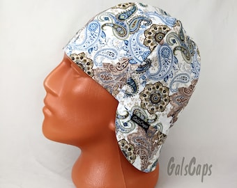 Floral Paisley on White and Gray Bikers Caps Welding Cap Hat Cotton Weld Cap Made in USA