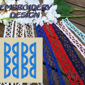 Può includere: Disegno di ricamo con un motivo ripetitivo di cerchi blu. Il disegno è mostrato su uno sfondo beige con una varietà di merletti in bianco, blu, rosso e rosa.