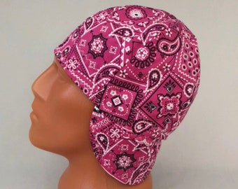 Hot Pink/Black Paisley Welders Hats, Bikers Caps, Welding Cap Hat, Cotton.