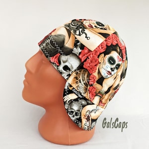 Gorras de soldador negras del Día de los Muertos, gorras de motociclista, gorra de soldador, algodón, fabricadas en EE. UU.