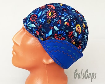 Floral Paisley/Blue Welders Hats, Bikers Caps, Welding Cap Hat, Cotton Made in USA Ready to Ship