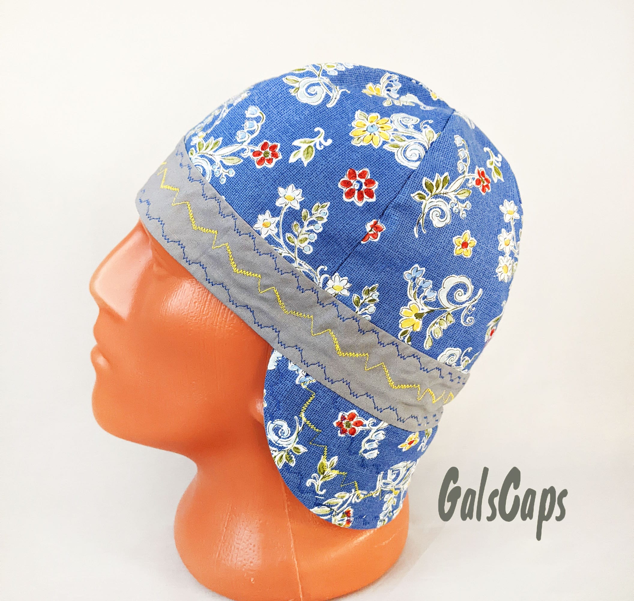Blue Floral Paisley Welders Welding Cap  Hats Bikers Caps  Hat Cotton Decorative Stitching Weld Cap Made in USA Ready to Ship